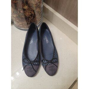 CHANEL 25P CC Logo Toe Bow Ballerina Ballet Flats Shoes Sz 39C Blue sz 8.5